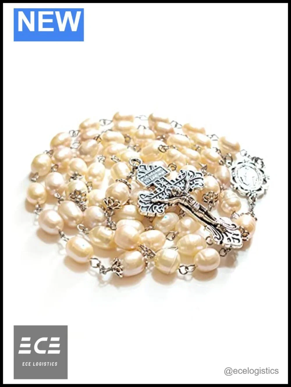 Natural Pearl Rosary Beads Olive Shape Cross Catholic Necklace